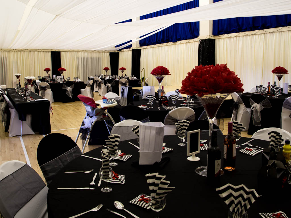 Cream & Black Drapes, Hall Chairs with hired tables and chair covers